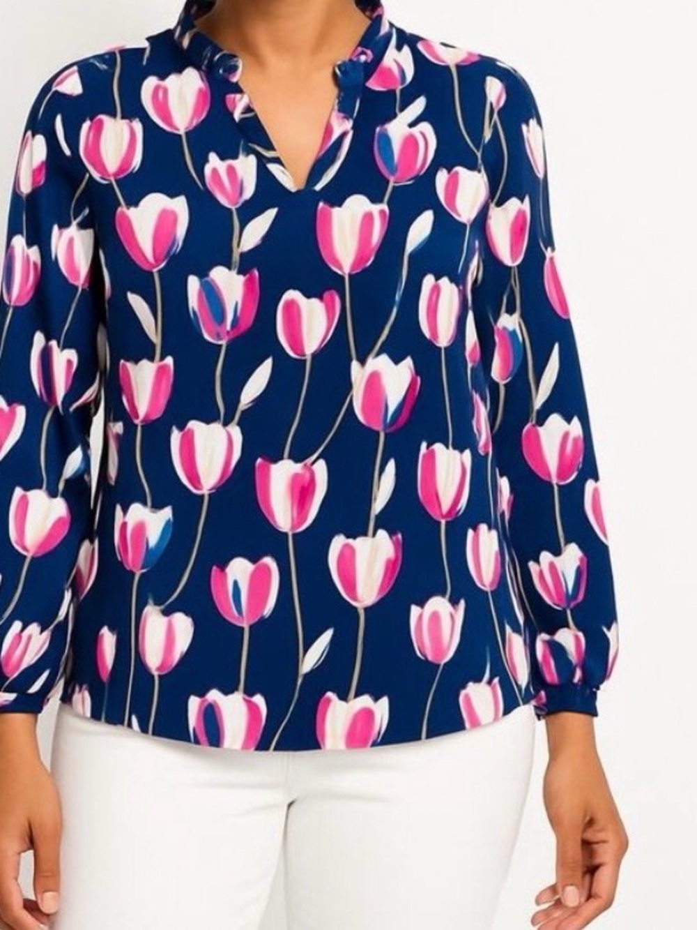 Talbots 1x Tulip Popover Navy with Pink and White